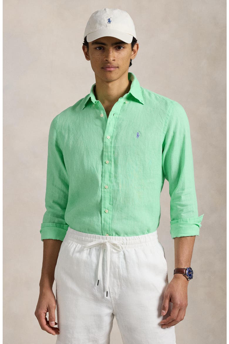 Classic Fit Solid Green Linen Button-Down Shirt, Alternate, color, AQUA VERDE