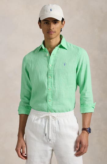 Classic Fit Solid Green Linen Button-Down Shirt