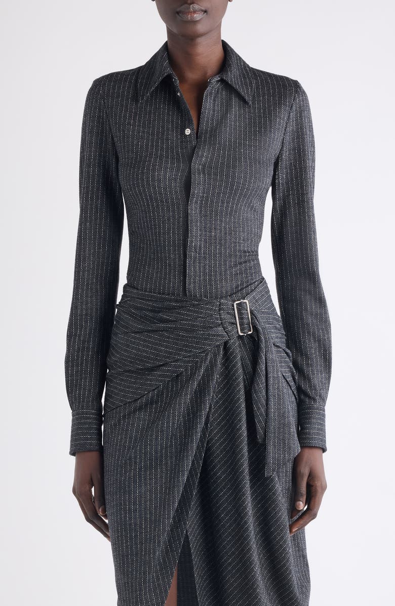 Isabel Marant Romeo Pinstripe Virgin Wool Blend Button-Up Shirt, Main, color, Anthracite