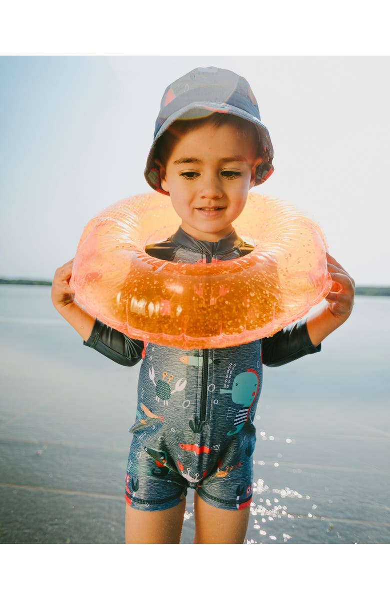 Deux par Deux One-Piece Long Sleeve Marine Animals Rashguard, Alternate, color, Blue Printed Marine Animals