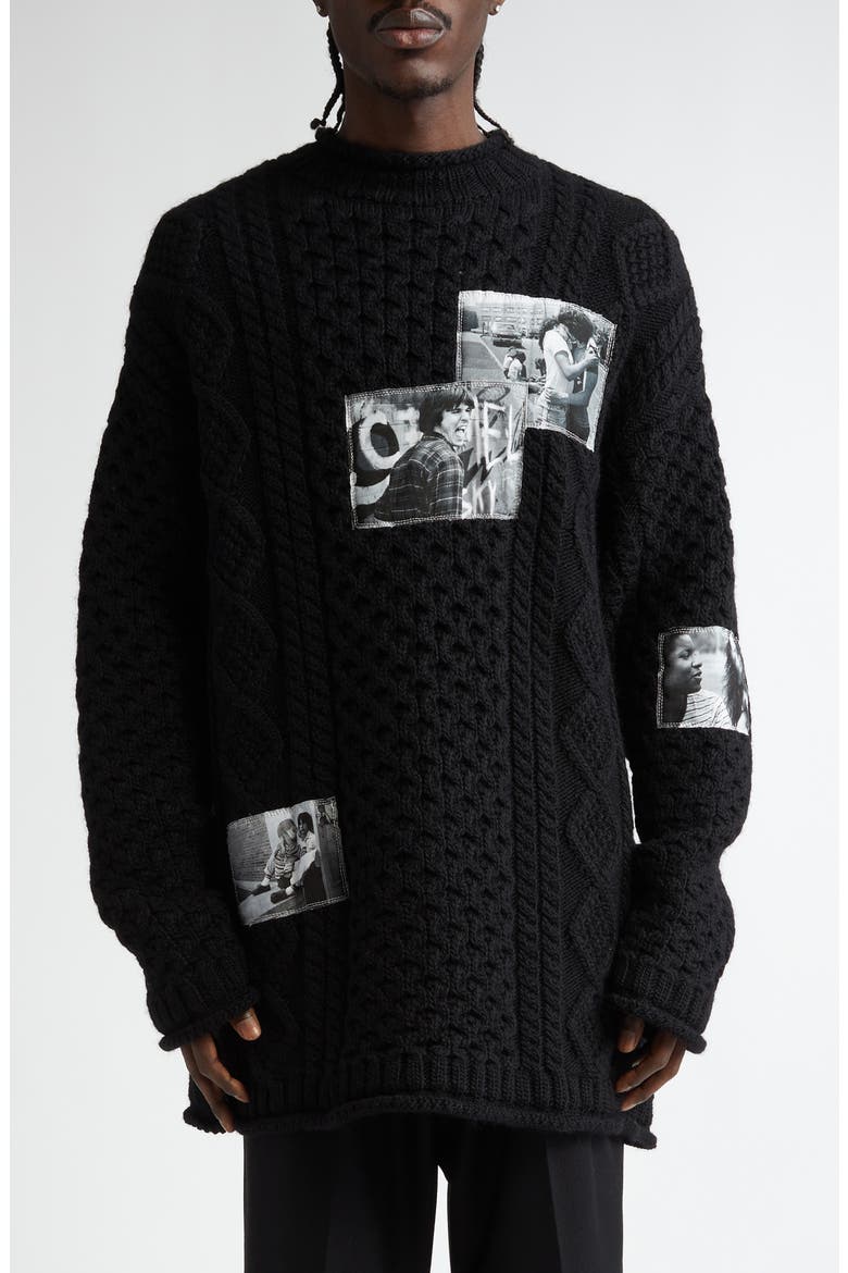 Joseph Szabo Photo Patch Wool Fisherman Sweater, Main, color, BLACK