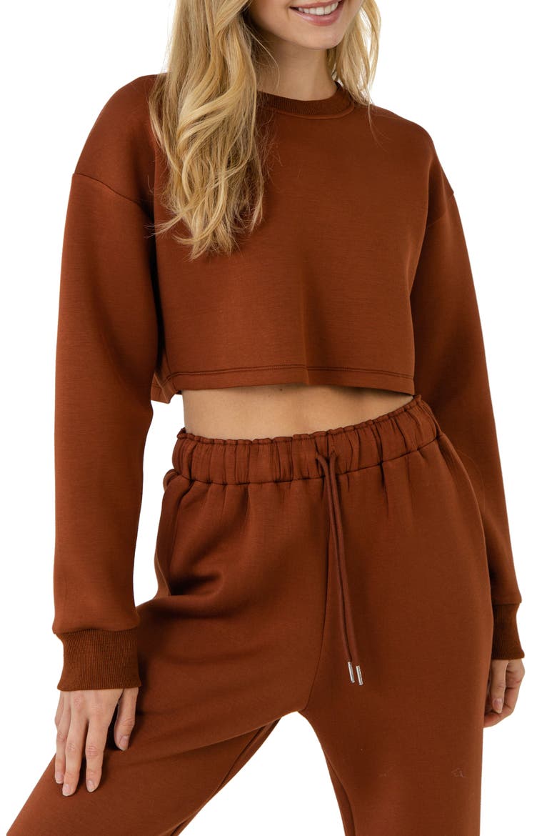 Lounge Wear Crop Crewneck Sweatshirt, Main, color, BROWN