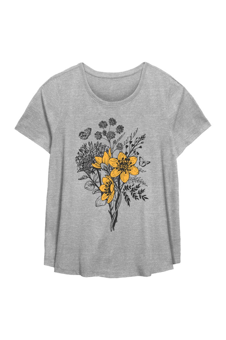 Women's Lost Gods Yellow Flower Sketch  Graphic T-Shirt, Main, color, Heather Gray