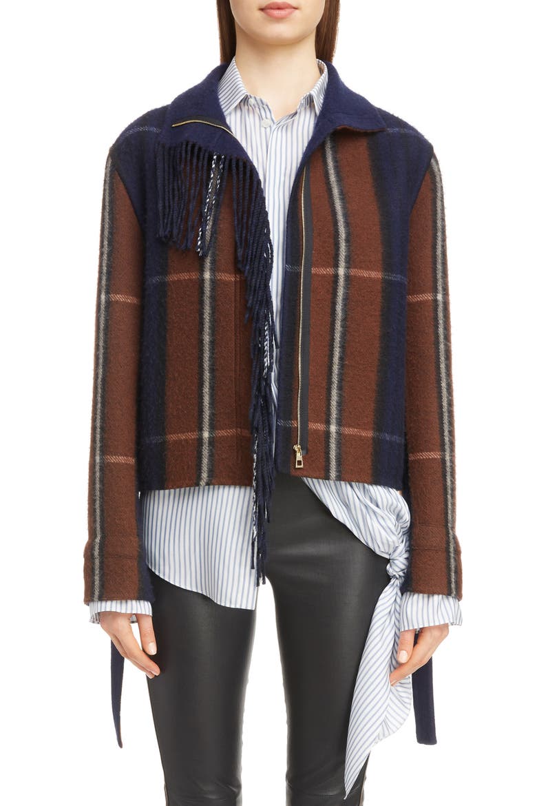 Plaid Fringe Trim Wool & Cashmere Jacket, Main, color, BLUE/ CHOCOLATE BROWN