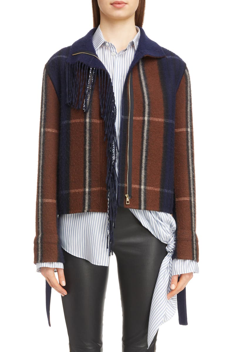 Loewe Plaid Fringe Trim Wool & Cashmere Jacket, Main, color, 