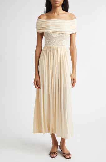 Rebellion Lace Inset Off the Shoulder Draped Dress