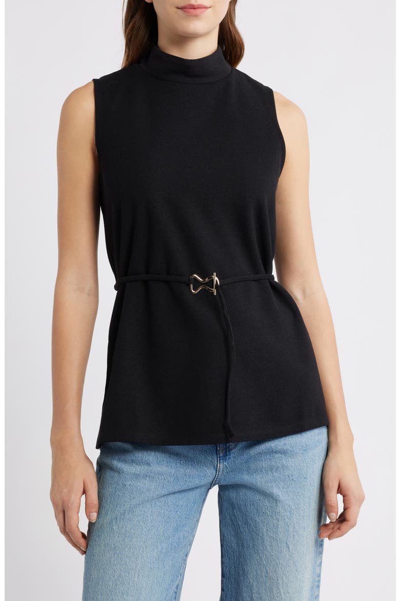 Sleeveless Belted Mock Neck Top, Main, color, RICH BLACK