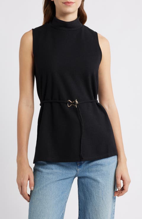 Sleeveless Belted Mock Neck Top