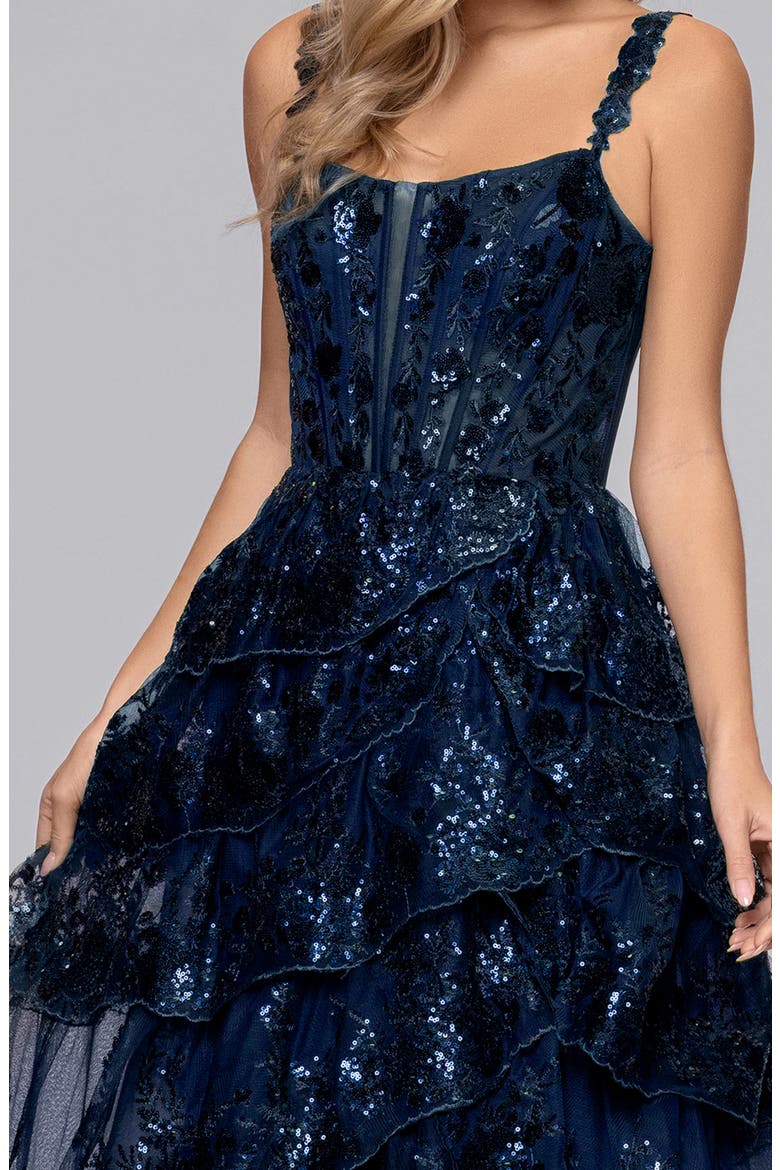 Sequin Tiered Ruffle Ballgown, Alternate, color, NAVY