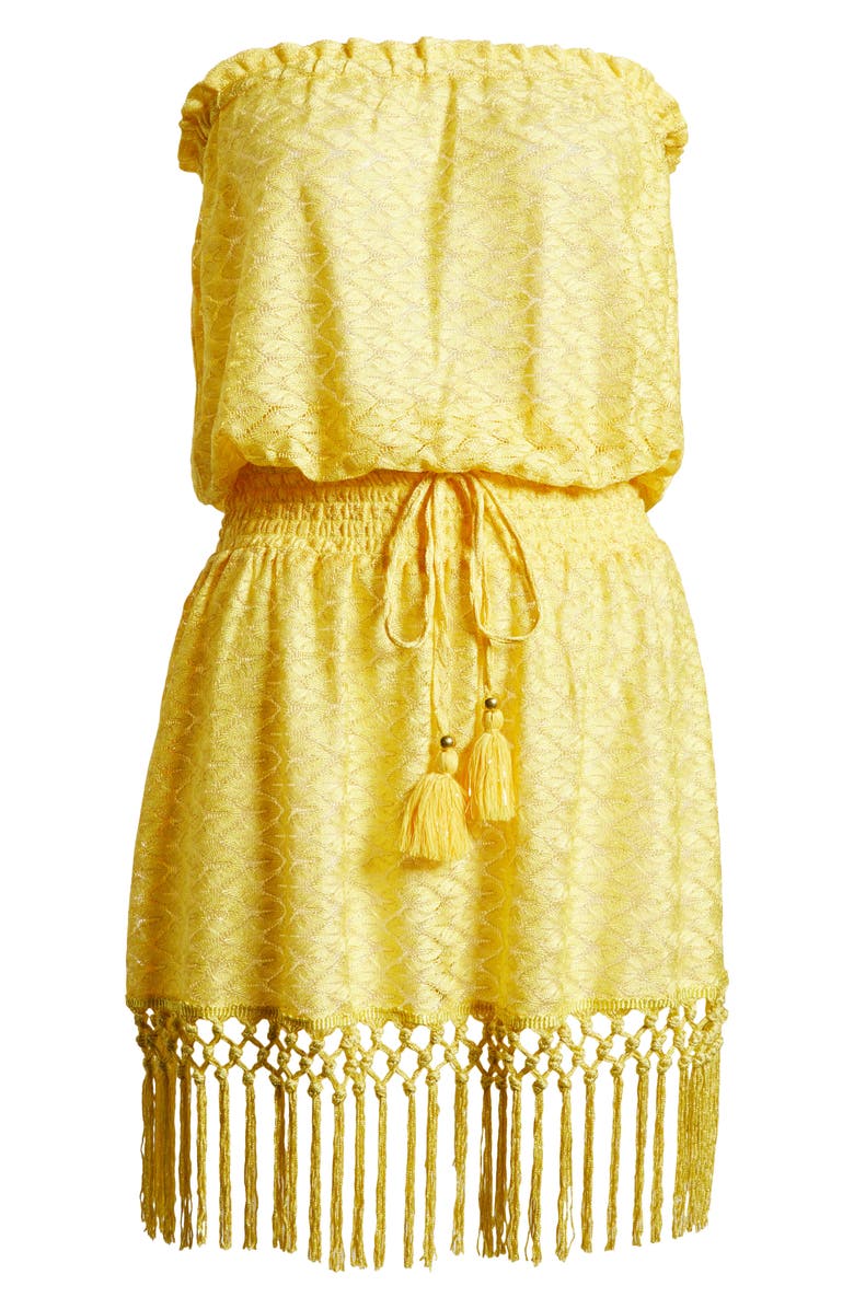 Ramy Brook Lauryn Strapless Fringe Hem Minidress, Alternate, color, Lemon Drop Zig Zag