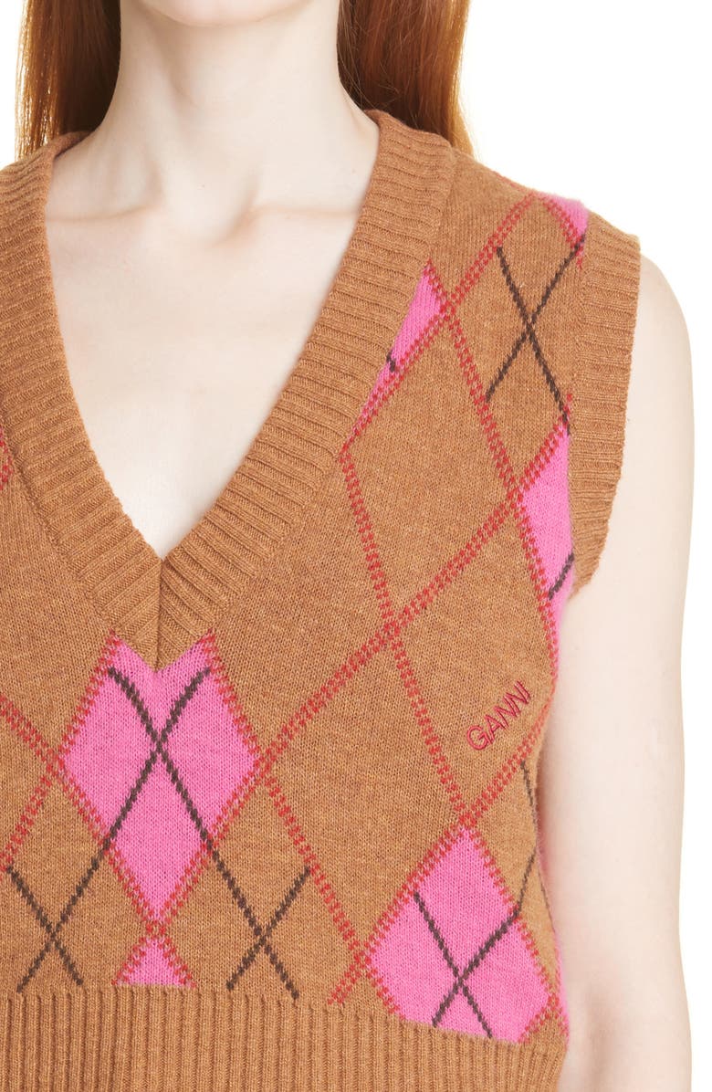 Ganni Harlequin Argyle Recycled Wool Blend Sweater Vest, Alternate, color, 