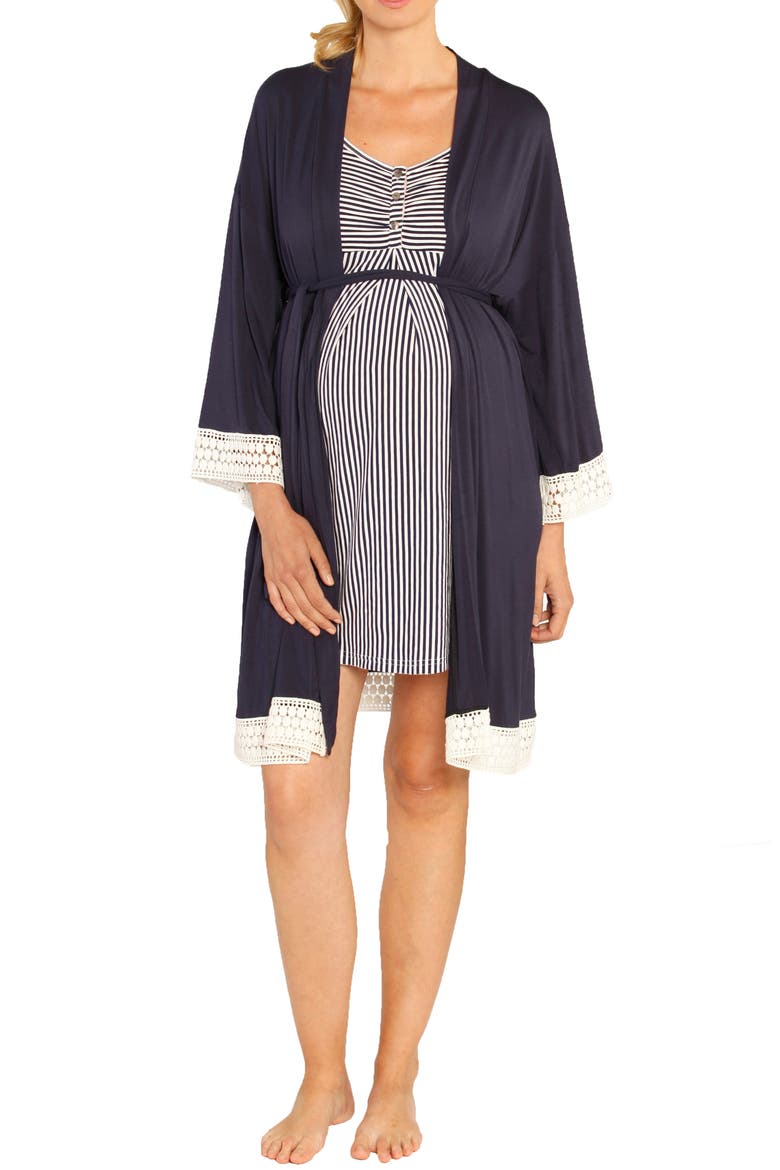 Nursing Dress, Robe & Baby Blanket Set, Alternate, color, NAVY STRIPES
