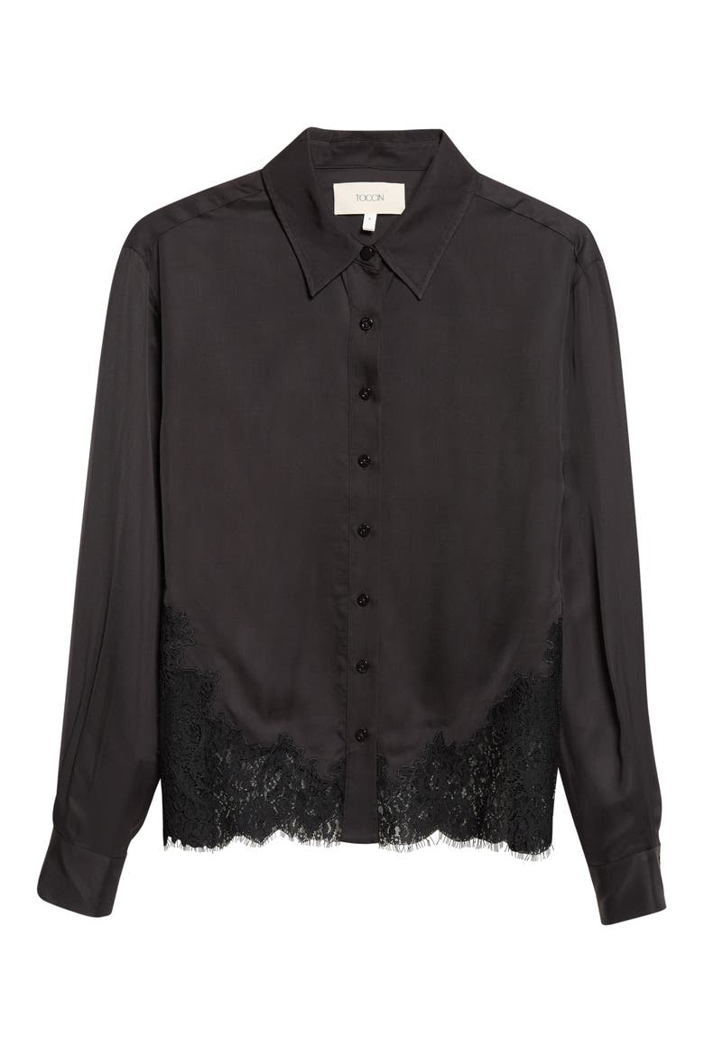 Toni Button Down Shirt with Lace Hem, Alternate, color, JET/ JET