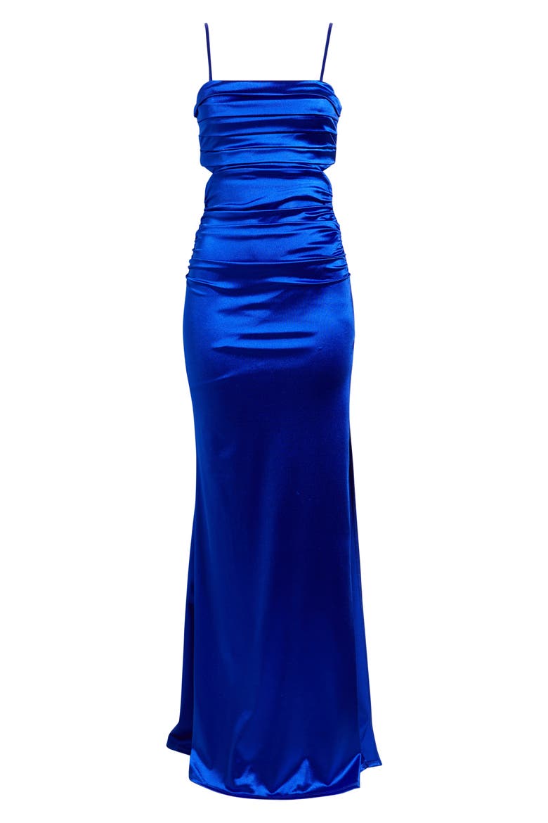 Ruched Sleeveless Satin Gown, Alternate, color, COBALT