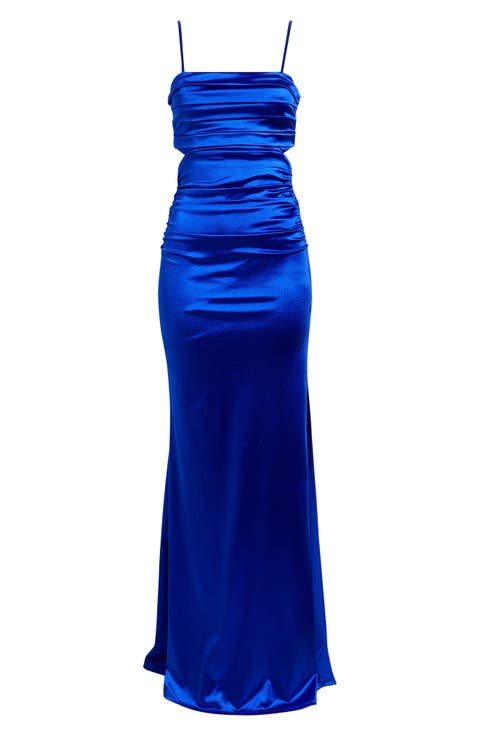 Ruched Sleeveless Satin Gown