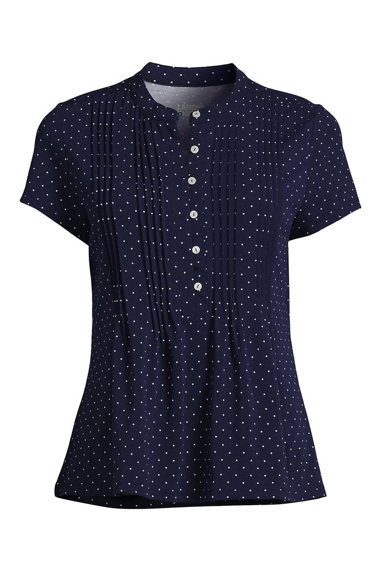 Plus Size Lightweight Jersey Button Pintuck Top, Alternate, color, Deep Sea Navy Pin Dot