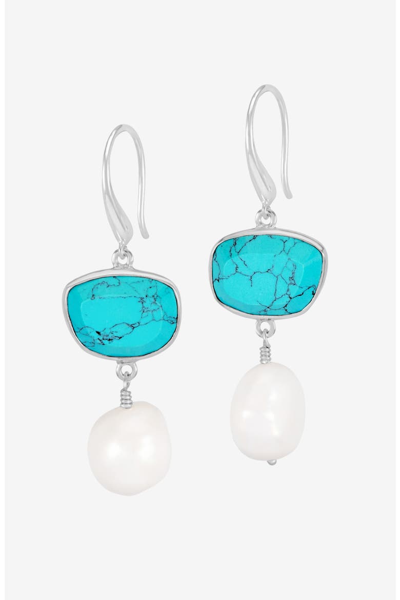 Turquoise Pebble & Pearl Drop Earrings, Main, color, Sterling Silver