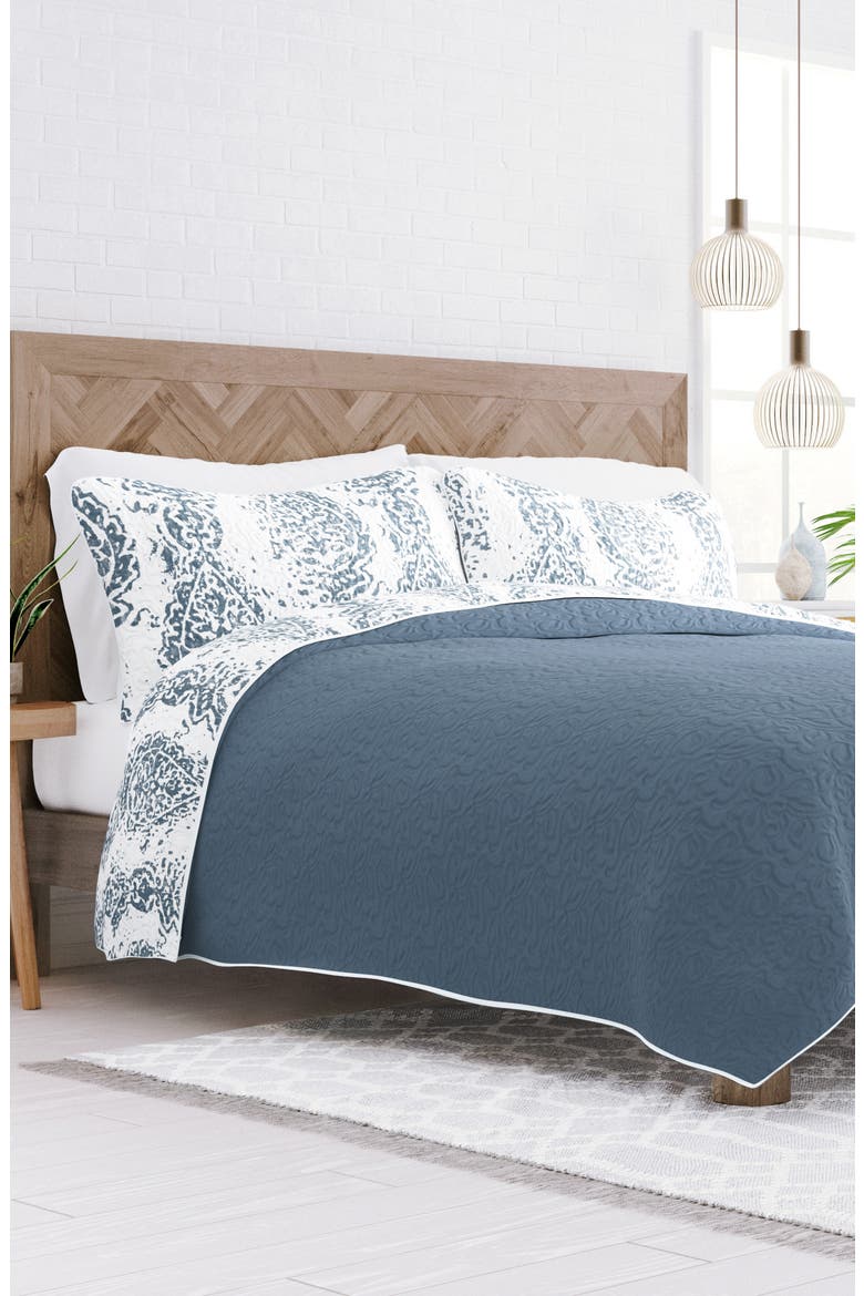 All Season Distressed Damask Reversible Down Alternative Quilt & Sham Set, Alternate, color, DUSK BLUE