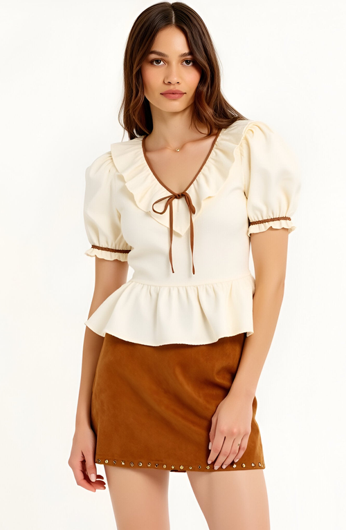 Modenaire Ruffle Trim Peplum Blouse With Puff Sleeves And Tie Front In White