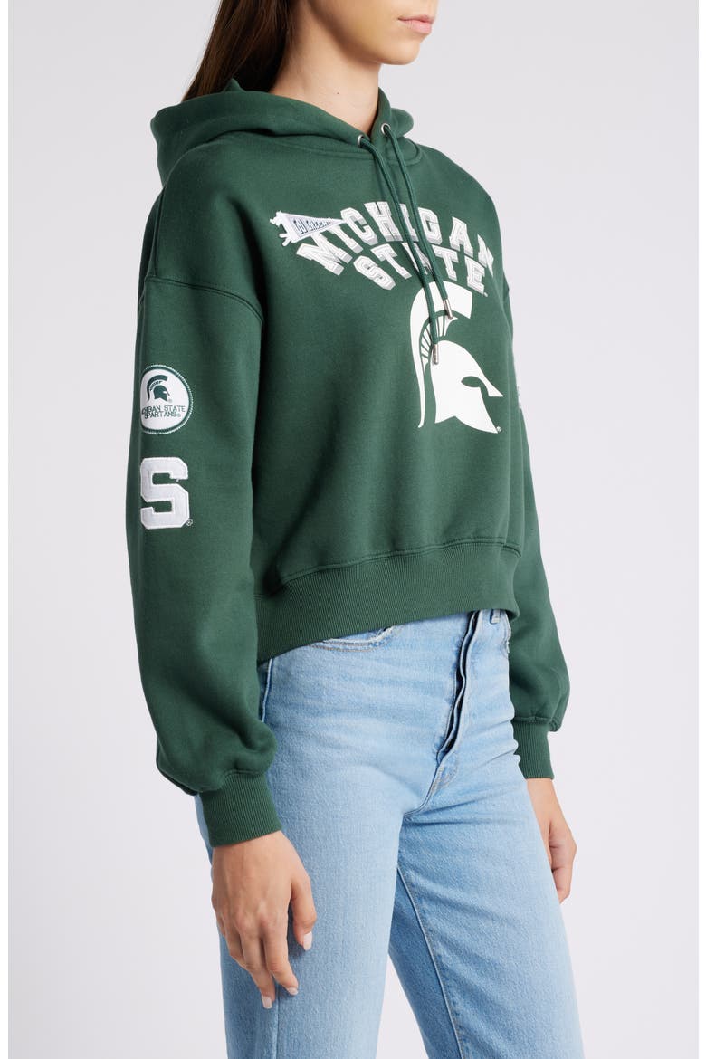 Women's WEAR by Erin Andrews Green Michigan State Spartans Mixed Media Cropped Pullover Hoodie, Alternate, color, Green
