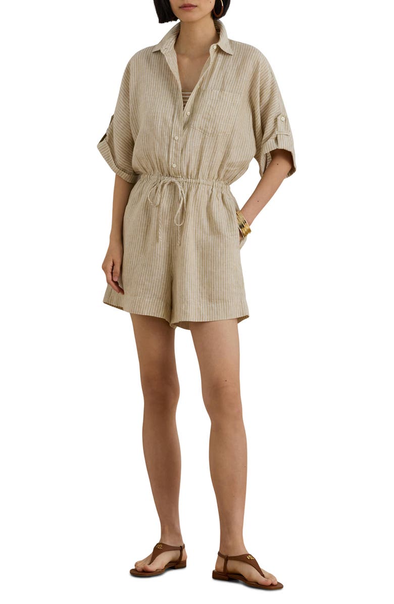 Lauren Ralph Lauren Stripe Linen Romper, Main, color, Brown/ White
