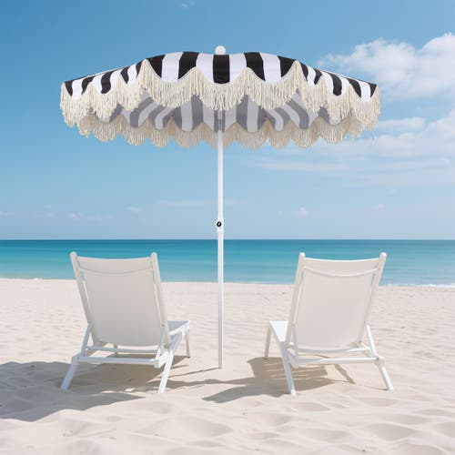Jonathan Y Mariner 6.5 Ft. Classic Cottage Fringe Tassel Market Beach Umbrella With Push Button Tilt In Brown