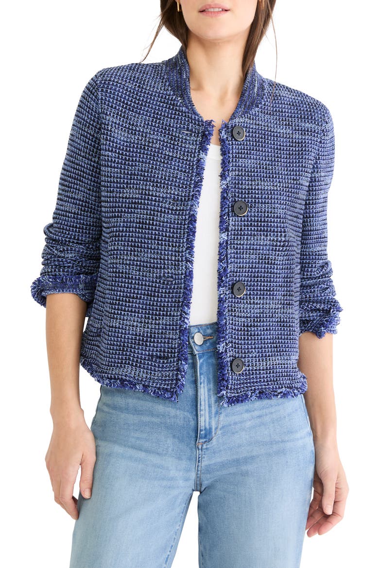 Fringe Knit Bomber Jacket, Main, color, BLUE MIX