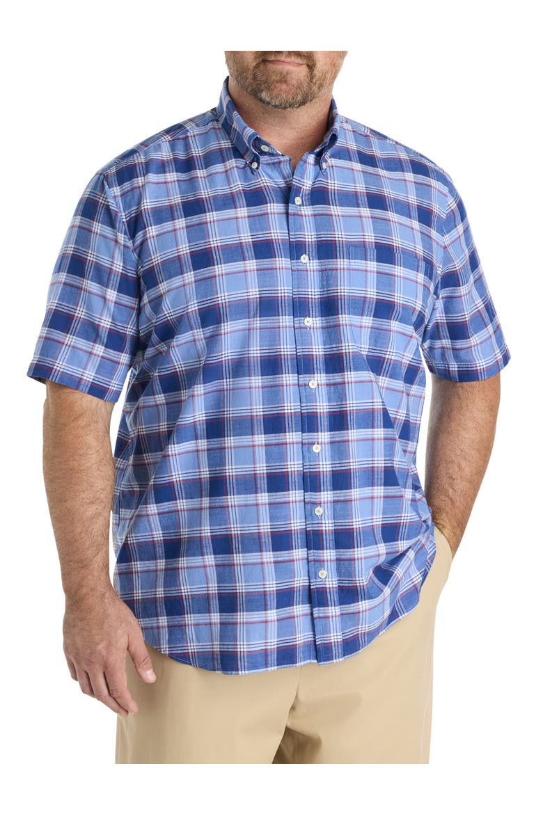 Big & Tall Non-Iron Madras Plaid Sport Shirt, Main, color, HYDRANGEA NAVY