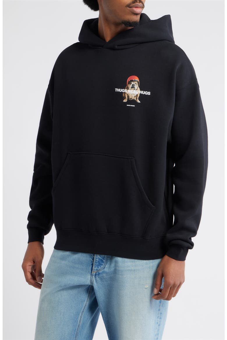 Bulldog Hug Graphic Hoodie, Main, color, BLACK