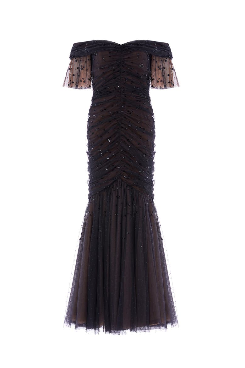 Dappled Sequin Rouched Off-Shoulder Gown, Alternate, color, Graphite/Warm Taupe