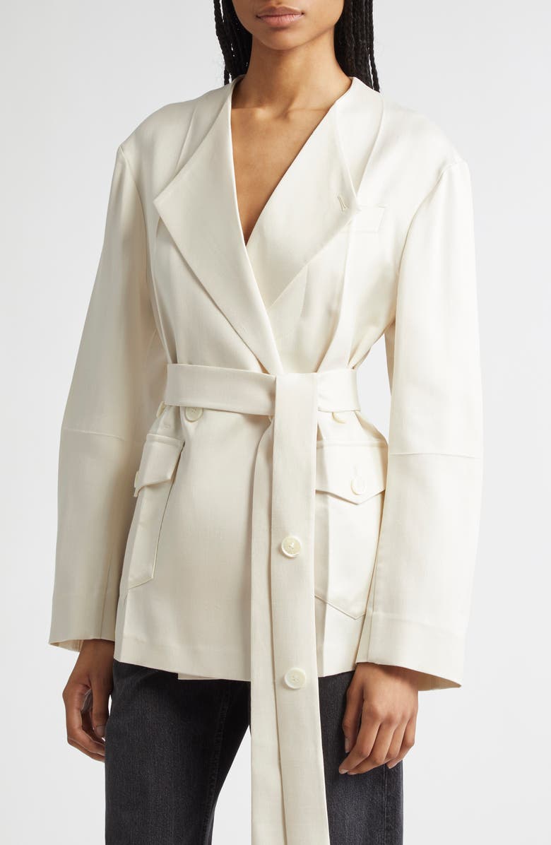 SETCHU Origami Collarless Belted Silk & Virgin Wool Jacket, Alternate, color, N. White