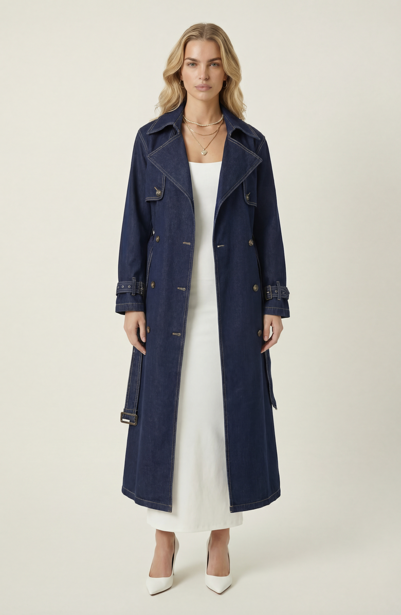 Modenaire Denim Trench Coat, Main, color, Dark Blue