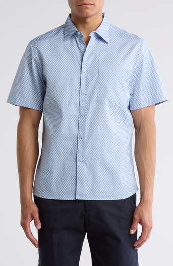 Nordstrom Rack Short Sleeve Cotton Poplin Button-up Shirt In Blue- White Raindrop