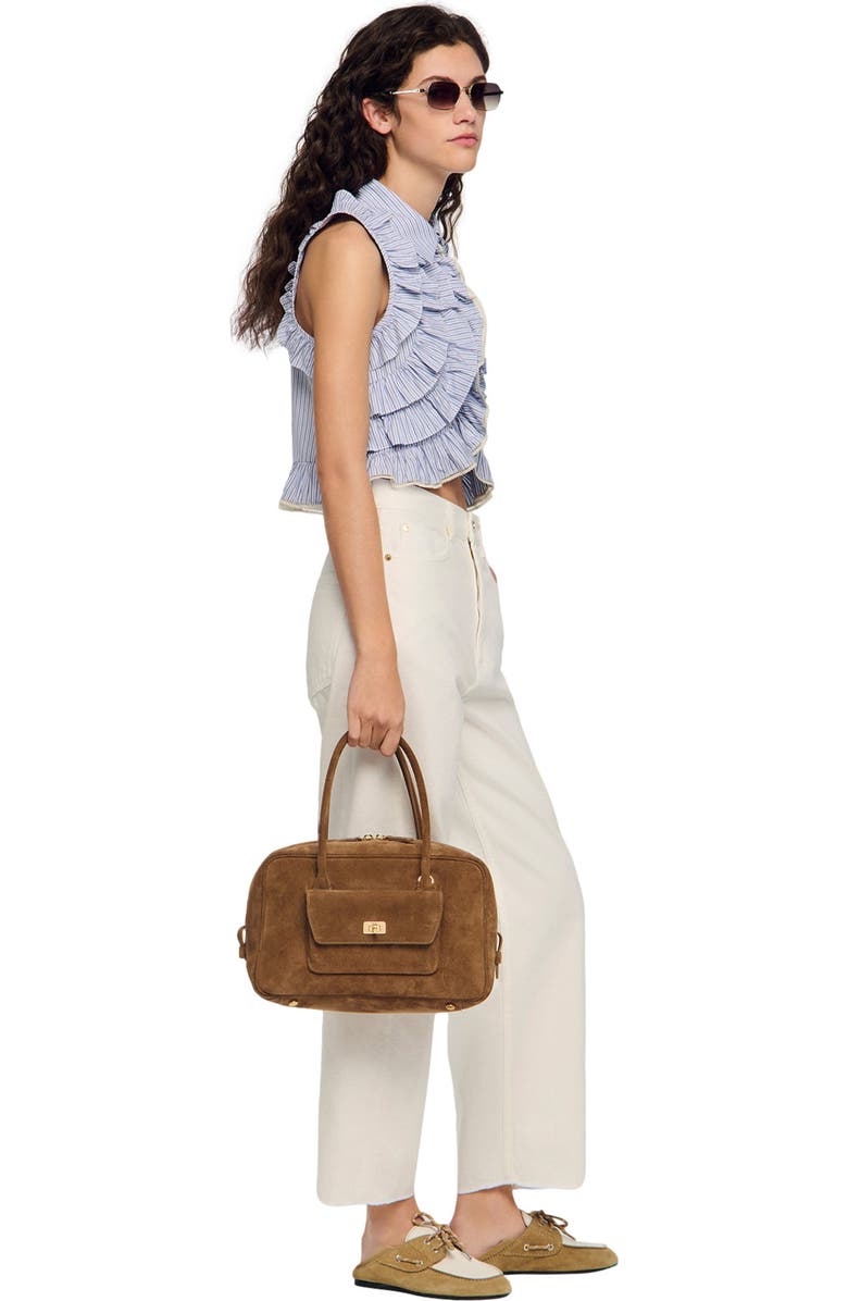 SANDRO Ezmeh suede bag, Alternate, color, Caramel