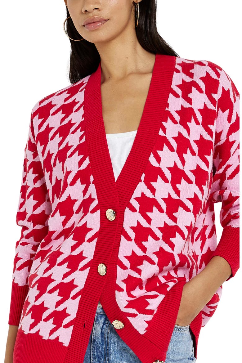 Houndstooth V-Neck Cardigan, Alternate, color, RED