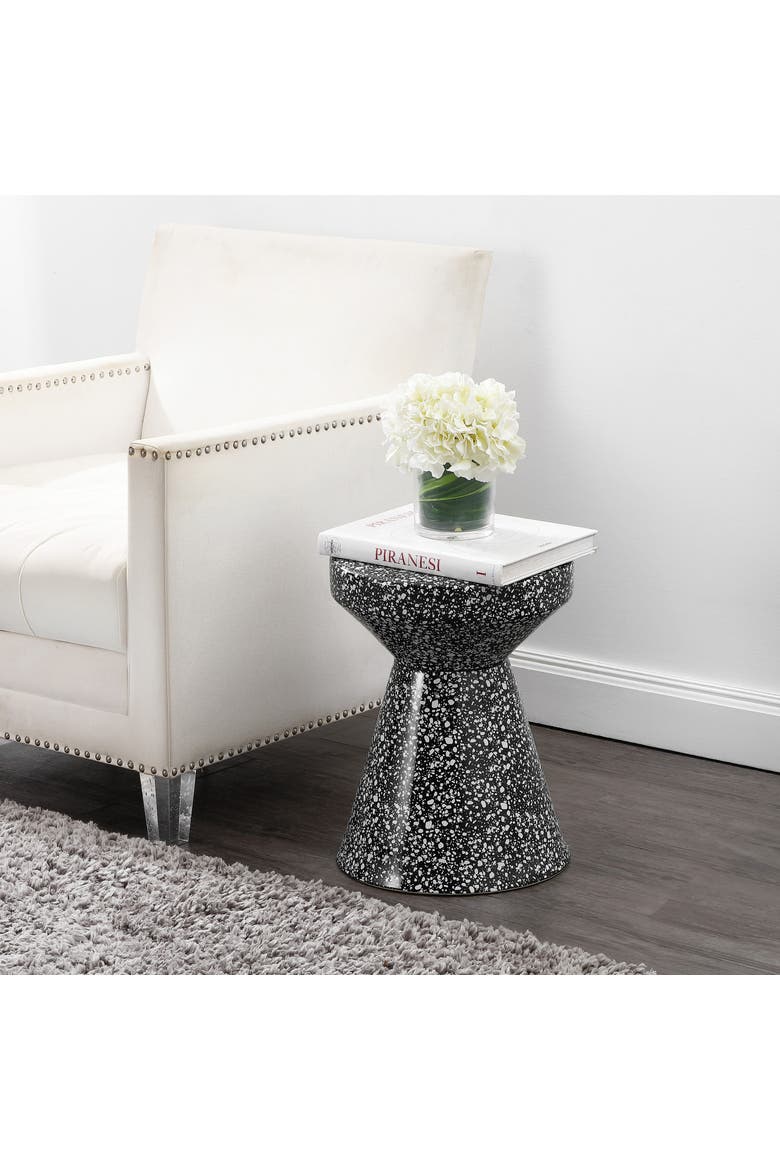 Xenia Modern Terrazzo Ceramic Outdoor Garden Stool, Hourglass Accent Side Table & Plant Stand for Patio or Living Room, Alternate, color, Black/White