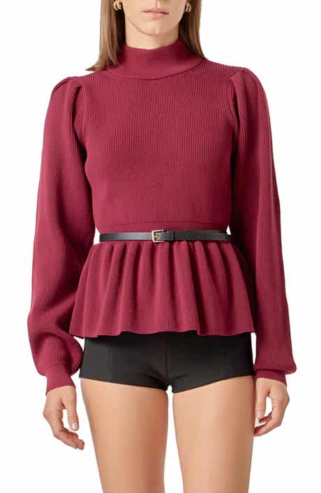 English Factory Mock Neck Peplum Rib Sweater