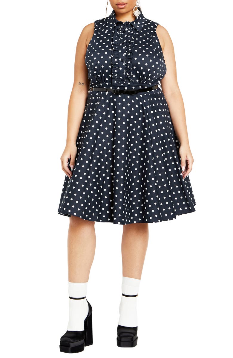 City Chic Nellie Polka Dot Sleeveless Dress, Main, color, Navy Spot