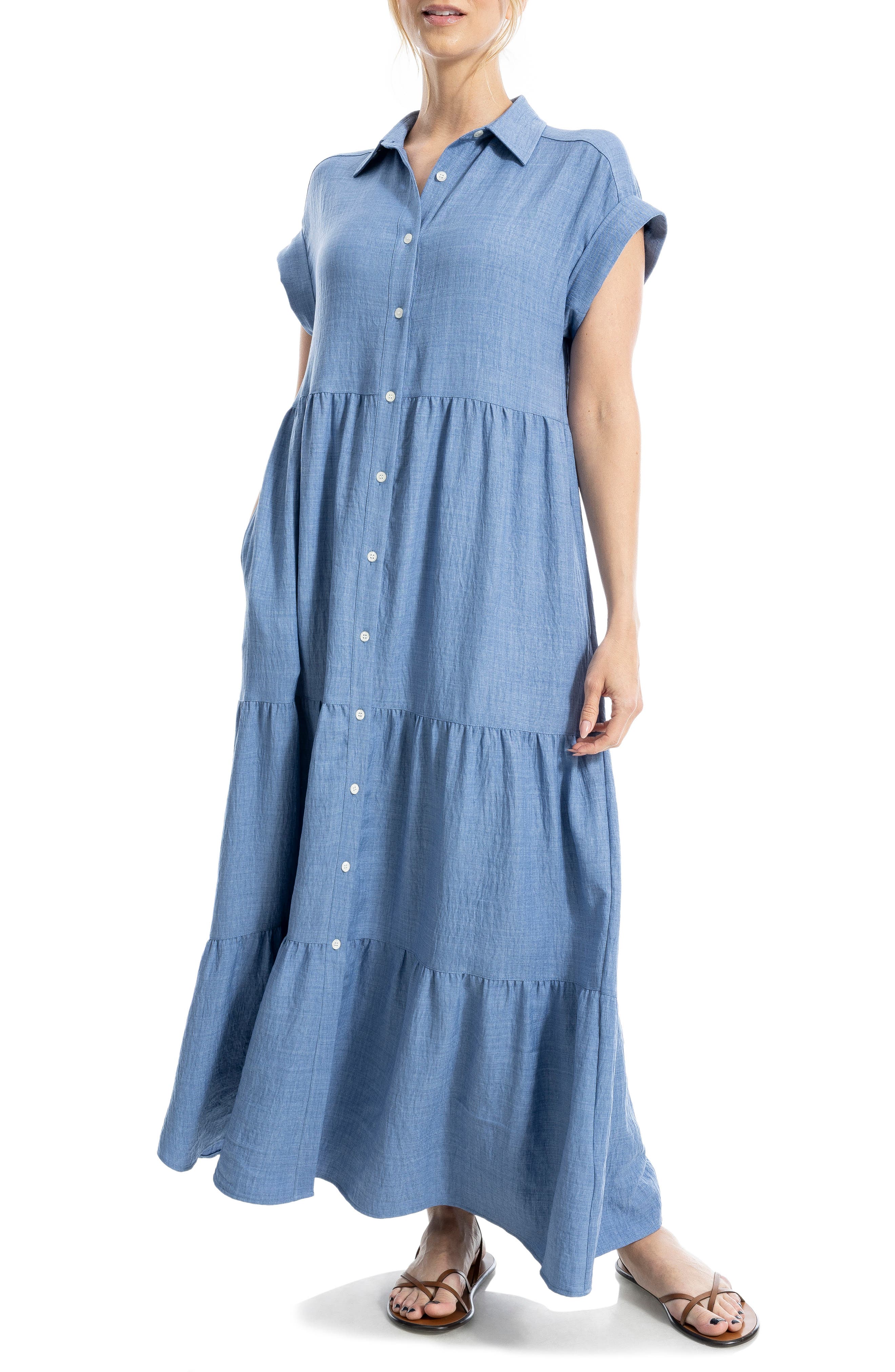 MAX STUDIO Short Sleeve Tiered Maxi Shirtdress