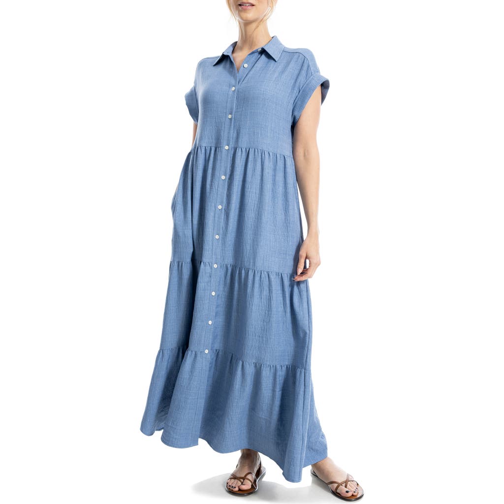 Max Studio Short Sleeve Tiered Maxi Shirtdress In Blue