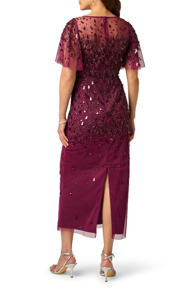 Beaded Flutter Sleeve Mesh Cocktail Dress, Alternate, color, BORDEAUX
