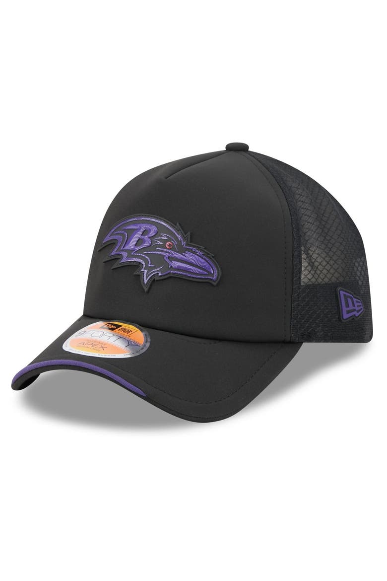 Men's New Era Black Baltimore Ravens 2026 Sideline Apex 9FORTY Adjustable Trucker Hat, Main, color, Black