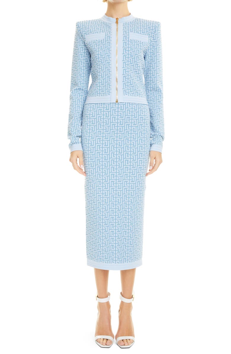 Balmain Monogram Jacquard Zip Cardigan, Alternate, color, 