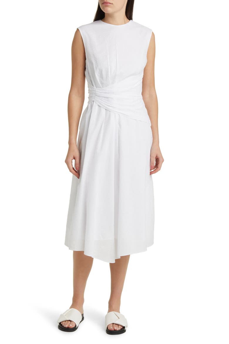 Ruched Sleeveless Cotton Midi Dress, Main, color, WHITE