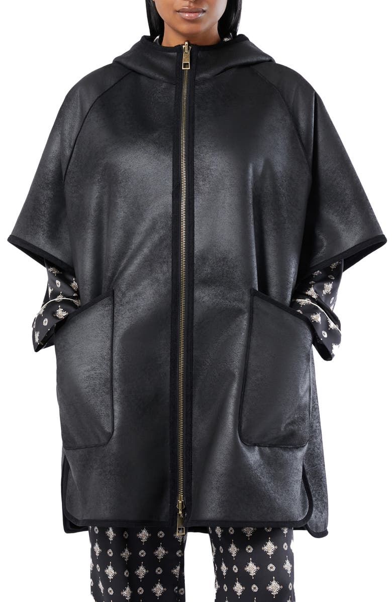 Marina Rinaldi Gel Reversible Faux Fur Hooded Cape, Main, color, Black
