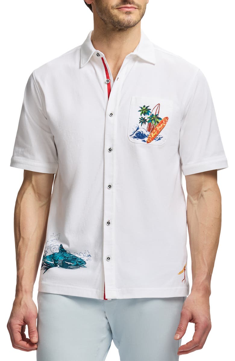 Robert Graham Good Surf Short Sleeve Cotton Knit Button-Up Shirt, Main, color, White