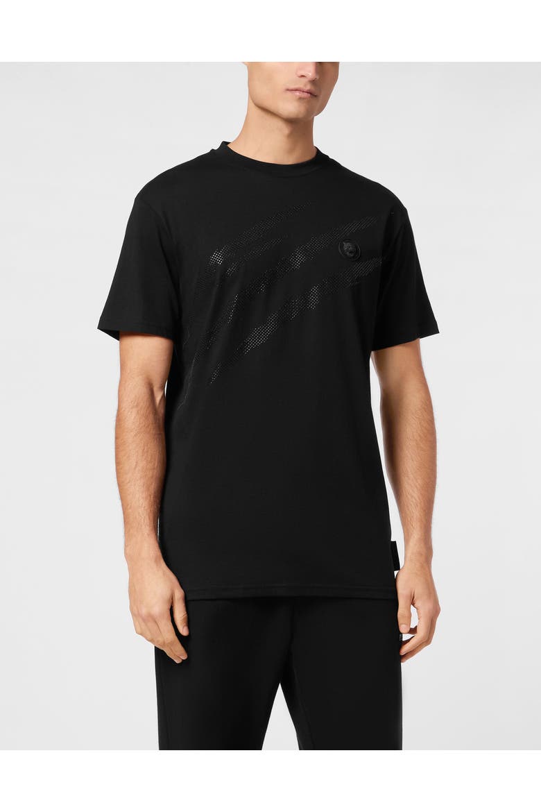 Cotton T-Shirt Round Neck Ss Lamina Scratch Men, Main, color, black/black