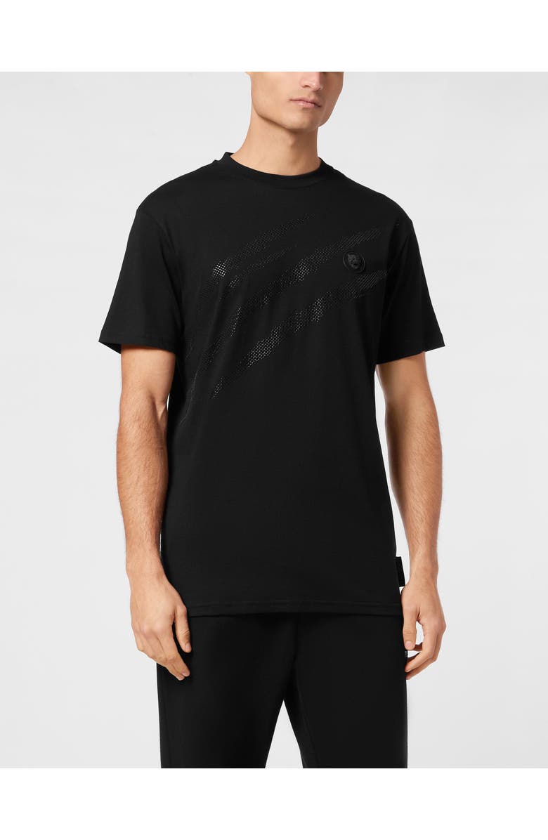 PLEIN SPORT Cotton T-Shirt Round Neck Ss Lamina Scratch Men, Main, color, Black/Black