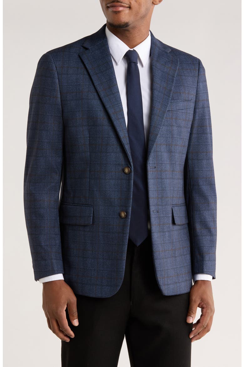 Slim Fit Plaid Stretch Knit Blazer, Main, color, NAVY