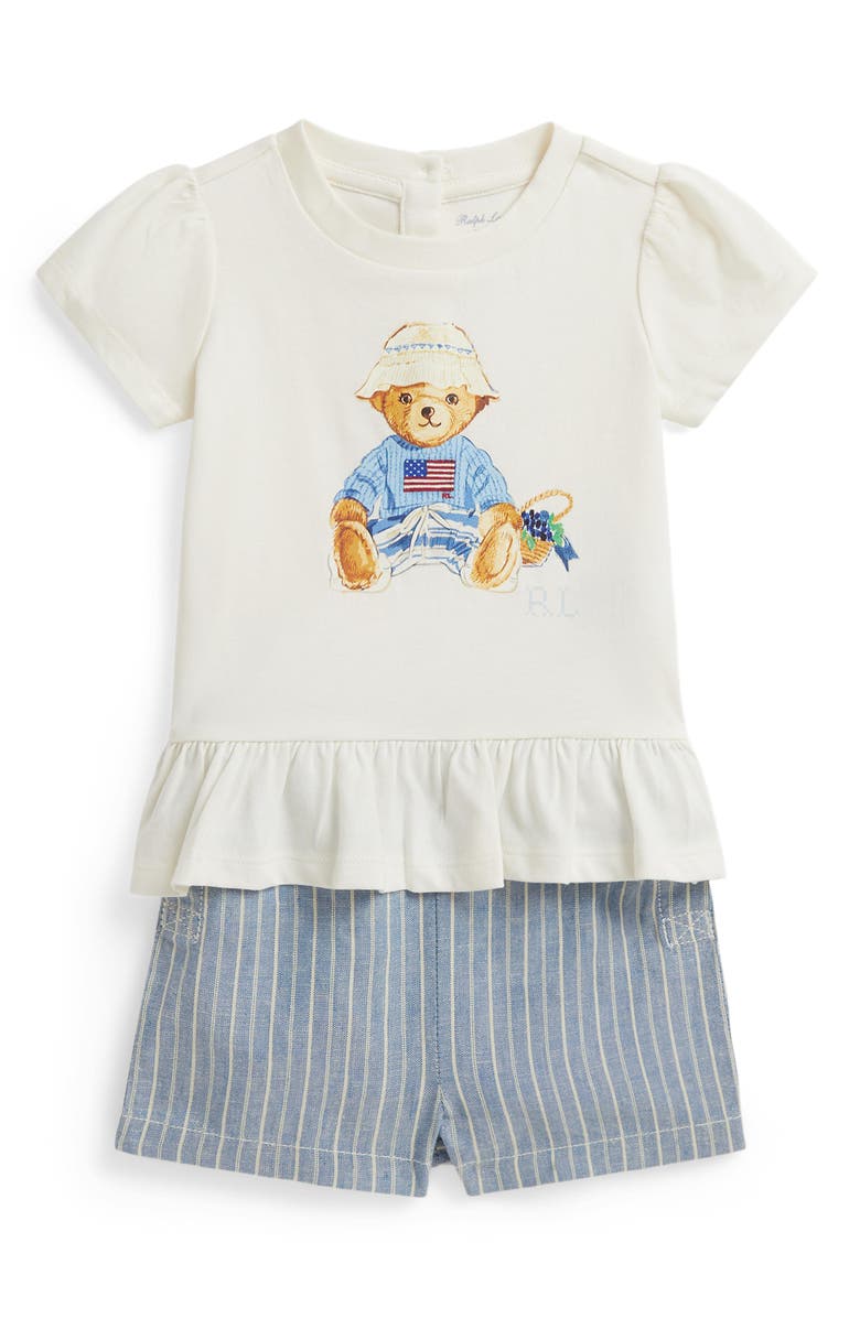 Ralph Lauren Peplum Jersey T-Shirt & Shorts Set, Main, color, Deck Wash White